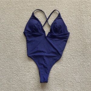 Navy Blue Strappy Notch V-Neck High Cut One Piece Swimsuit Size Large GUC